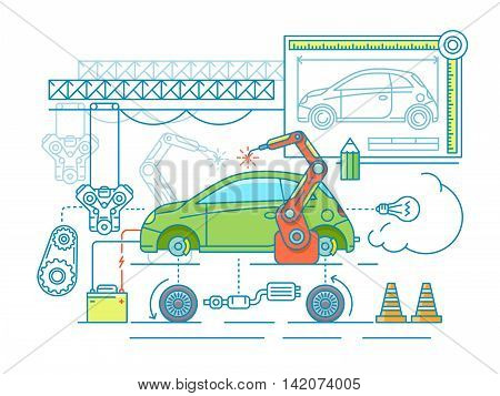 Vehicle assembling flat design. Car manufacturing, build according to the drawing. Vector illustration