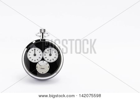 An old black and chrome chronometer perfectly working on a white background