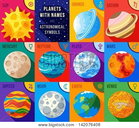 Flat icons set - planets with names and astronomical symbols. Vector astronomic abstract objects