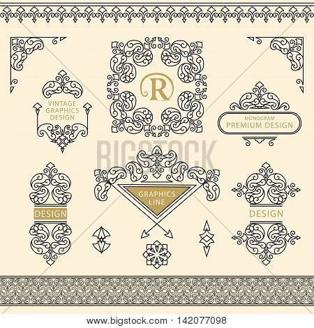 Vector illustration of Set of line art frames and borders for design template. Element in Eastern style. letter R. Outline floral frames. Mono line decor for invitations greeting cards certificate. Vector illustration