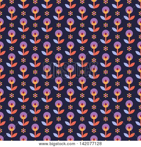 Seamless pattern with decorative flowers in lilac blue yellow and red colors on dark blue background