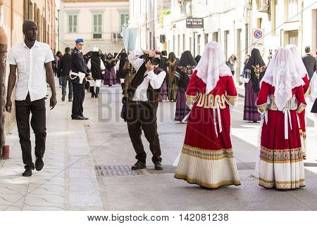 CAGLIARI, ITALY - May 1, 2015: 359 ^ Religious Procession of Sant'Efisio - Sardinia - folk groups parade in Viale Fra Ignazio of Cagliari