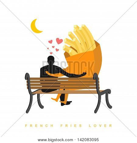 Lover French Fries. Fastfood And People Are Looking At Moon. Date Night. Man And A Meal Sitting On B