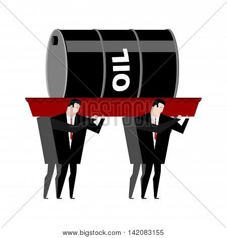 Funeral Oil. Barrel Of Oil Carried In Coffin. Businessmen Buried Petroleum. Red Wooden Casket. Proce