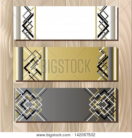 Badge and card template in art deco outline style. Holiday background mock for banner or ticket. Golden silwer white and black luxury background template for sale. Vector illustration.