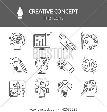 Creative concept linear monochrome icons with inspiration brainchild puzzle searching of solutions success isolated vector illustration