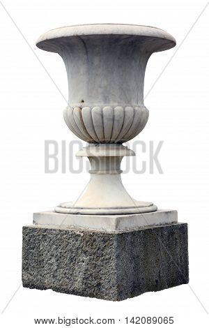 big beautiful white marble vase as small architectural forms with dark stone slab isolated on white background