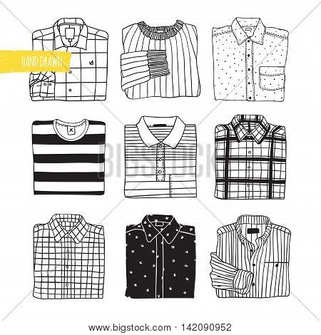 Shirts Big set of illustrations. Autumn theme. Black and white vector illustration.