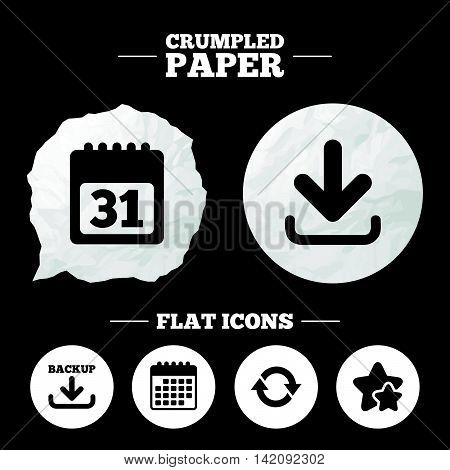 Crumpled paper speech bubble. Download and Backup data icons. Calendar and rotation arrows sign symbols. Paper button. Vector
