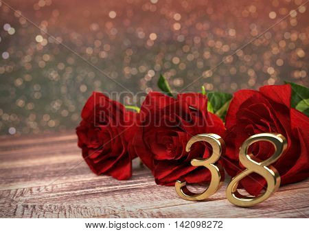 birthday concept with red roses on wooden desk. 3D render - thirty-eighth birthday. 38th
