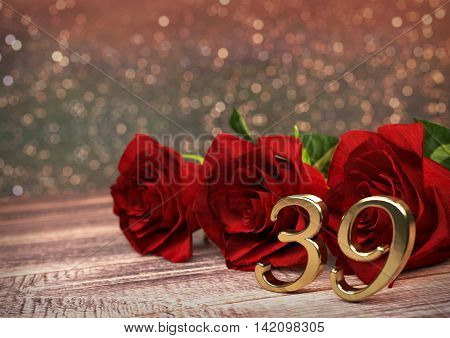 birthday concept with red roses on wooden desk. 3D render - thirty-nineth birthday. 39th