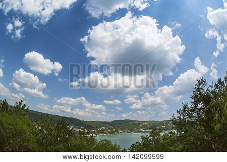 Nice view of Abrau-Durso Lake in Caucasus mountains.