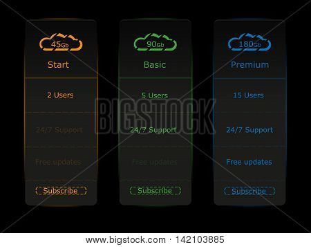 Three vector prices for cloud storage price table.