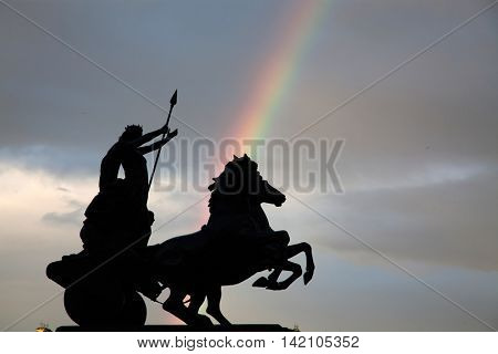 Statue of Boadicea and rainbow