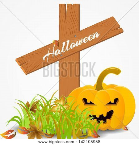 Halloween card with a pumpkin and leaves on a cemetery. vector illustration