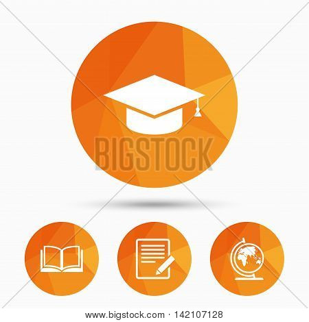 Pencil with document and open book icons. Graduation cap and geography globe symbols. Learn signs. Triangular low poly buttons with shadow. Vector