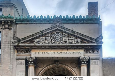 New York City - July 31, 2016: The Bowery Savings Bank opened in 1834 at the site of what is now 128-130 Bowery in Manhattan.