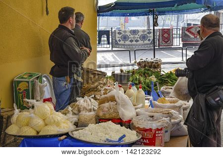 Istanbul Turkey - March 31 2013: Istanbul Balat. Inebolu (Kastamonu) district bazaar. When compared to other pazar (markets) Kastamonu can seem a little challenging. Like others this market sets up shop on a small street once a week every Sunday in Balat.
