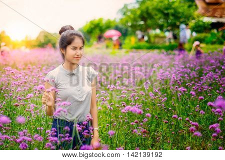Close up beautiful asian girl in a field with magenta flowers at Monjam Chiang mai Thailand.