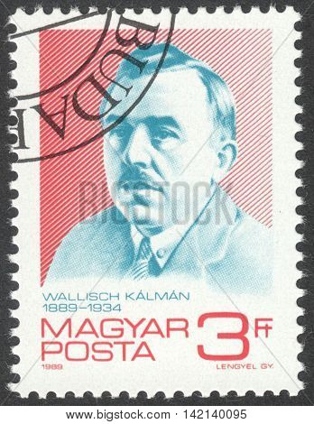 MOSCOW RUSSIA - CIRCA APRIL 2016: a post stamp printed in HUNGARY shows a portrait of Kalman Wallisch devoted to the 100th Anniversary of the Birth of Kalman Wallisch circa 1989