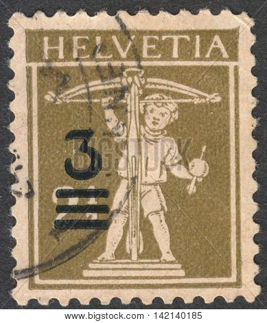 MOSCOW RUSSIA - CIRCA APRIL 2016: a post stamp printed in SWITZERLAND shows a portrait of Wilhelm Tell's Son the series 