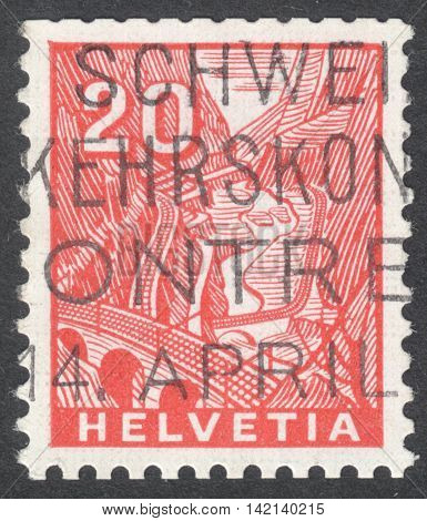 MOSCOW RUSSIA - CIRCA MAY 2016: a post stamp printed in SWITZERLAND shows St. Gotthard Railroad between Airolo & Faido the series 