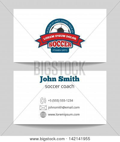 Soccer coach business card template with logo. Plastic football card. Vector illustration