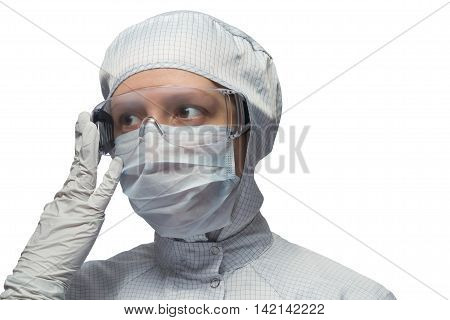 girl corrects glasses on his face, on a white background