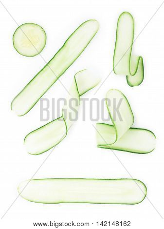 Cucumber Health Benefits Promote hair and nail growth Cures hangover and bad breath Reduce weight Skin care Promote joint health Aid digestion High in Anti-oxidants Keeps your body hydrated and cucumber slice isolated on white.