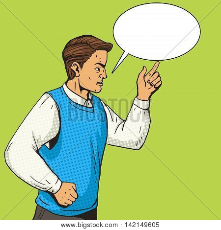 Man gesturing and argues. Cartoon pop art vector illustration. Human comic book vintage retro style.