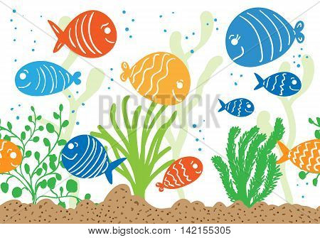Aquarium doodle seamless pattern. Underwater tropical fish background.