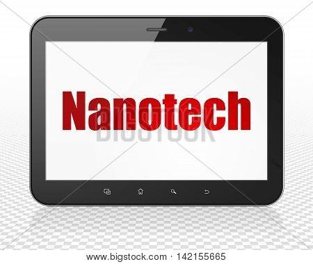 Science concept: Tablet Pc Computer with red text Nanotech on display, 3D rendering