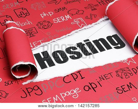 Web development concept: black text Hosting under the curled piece of Red torn paper with  Hand Drawn Site Development Icons, 3D rendering