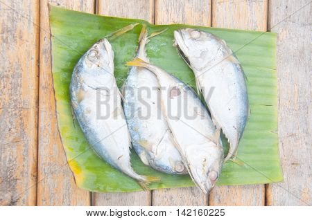 Fresh mackerel or tuna steamed fish on banana green leaf
