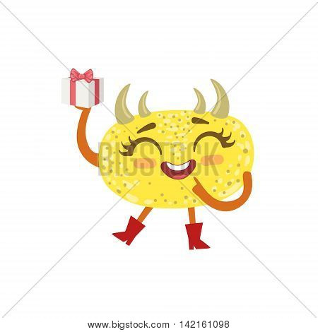 Yellow Friendly Monster With Hornes Wearing Red Boots Cute Childish Sticker. Flat Cartoon Colorful Alien Character With Party Attributes Isolated On White Background.