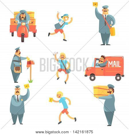 Mail Man And Courier Work Process Set Of Graphic Design Cool Geometric Style Isolated Drawings On White Background