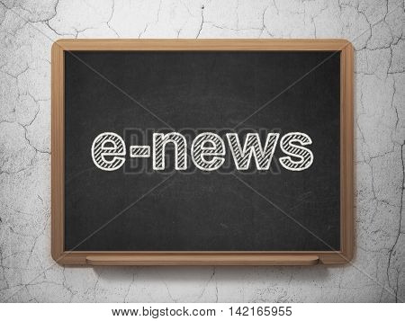 News concept: text E-news on Black chalkboard on grunge wall background, 3D rendering