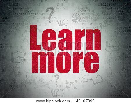Education concept: Painted red text Learn More on Digital Data Paper background with  Scheme Of Hand Drawn Education Icons