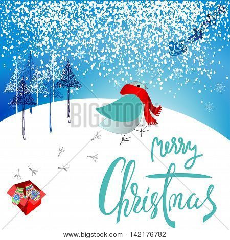 Santa Claus brought a bad gift. Angry bird dissatisfied Christmas gift. A pair of mittens. Christmas lettering. Vector illustration. EPS10