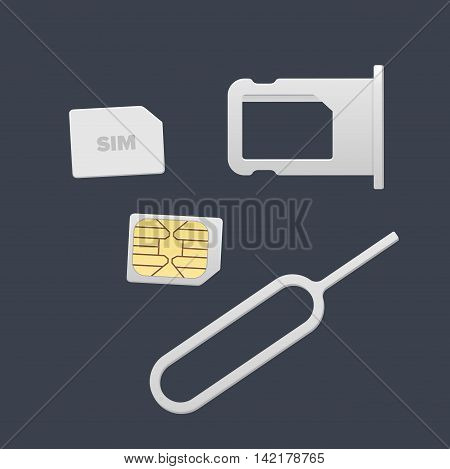 Small Nano Sim Card Sim Card Tray and Eject Pin for Smartphone. Vector objects isolated on white. Realistic vector icons. Top view