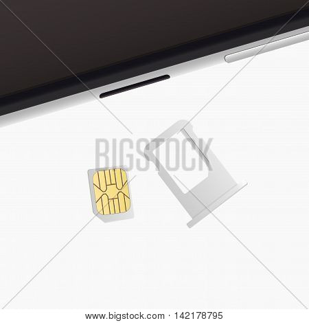 Small Nano Sim Card Sim Card Tray for Smartphone. Vector objects isolated on white. Realistic vector icons. Top view.