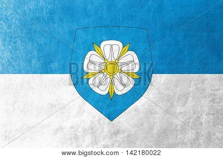 Flag Of Viljandi With Coat Of Arms, Estonia, Painted On Leather Texture