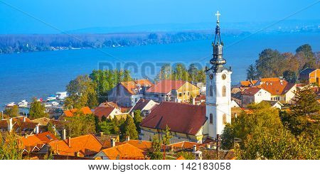 Panoramic view of Zemun, with church tower in Belgrade, Republic of Serbia