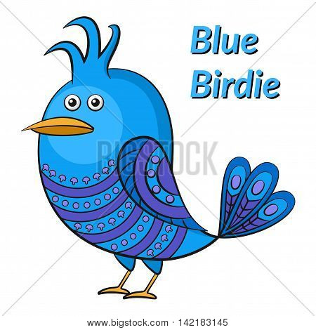 Funny Blue Bird with Pattern Wings Looks Away, Cute Cartoon Character, Isolated on White Background. Vector