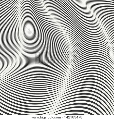 Mobious wave stripe. Geometric line abstract seamless pattern. Black wavy stripes. Optical design illusion. Wrapping paper. Vector illustration. Background. Graphic texture. Wallpaper.