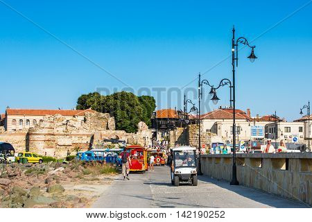 Nessebar, Bulgaria - July 25, 2016: Tourist train near in Nesebar old town, Bulgaria