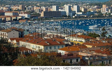 Ajaccio city Corsica island France-August 10 2016: The houses of Ajaccio city the capital of South Corsica and its marina port.