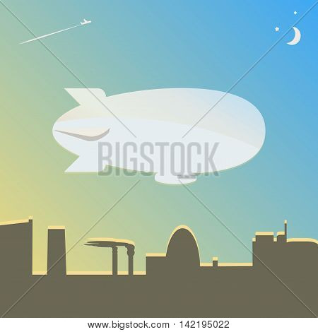 The airship flies over the city. Vector illustration.