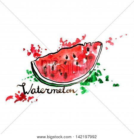 hand drawn red watermelon, ink and watercolor drawing fruit with paint stains