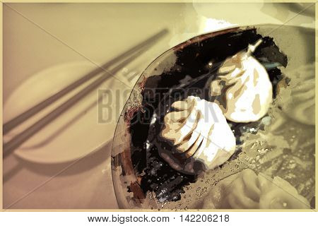 Traditional chinese food, steamed dumpling served on table in a wooden dish and with wooden chopsticks. Vintage painting, background illustration, beautiful picture, travel texture